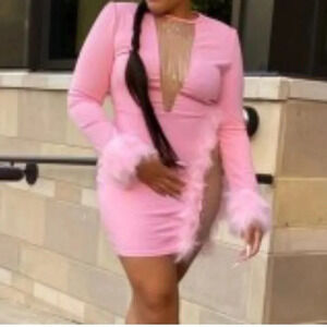 NHICDNS Women's Sexy Club Stretchy Sequin Barbie Pink, Faux Fur Mini Dress M